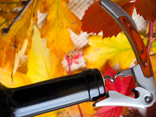 The corkscrew opens a bottle of wine on a festive bright background.
