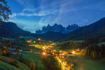 Amazing night scenery of Santa Maddalena village before sunrise. Dolomite Alps, South Tyrol, Italy