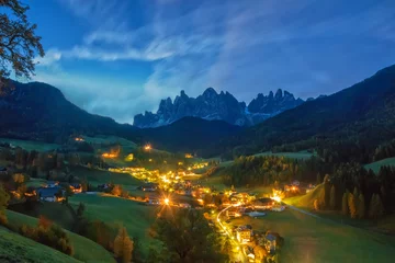 Rolgordijnen Amazing night scenery of Santa Maddalena village before sunrise. Dolomite Alps, South Tyrol, Italy © haidamac