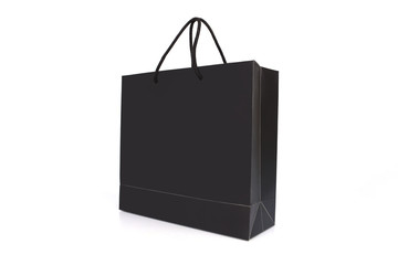 black paper bag with handles on a white background