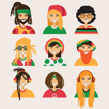 Set with vector rastafarian men, isolated on background. Lovely flat cartoon characters in bright colors.