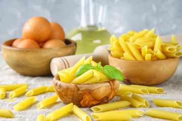 Penne rigate. Macaroni in the form of feathers. mostaccioli pasta