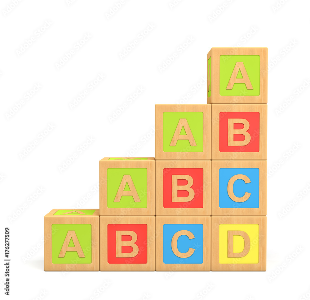 Poster 3d rendering of a colorful set of wooden building blocks with english letters made into a stairs sha