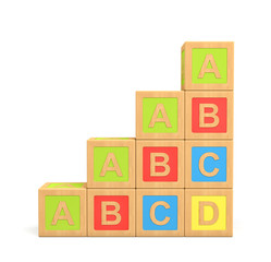 3d rendering of a colorful set of wooden building blocks with English letters made into a stairs shape.