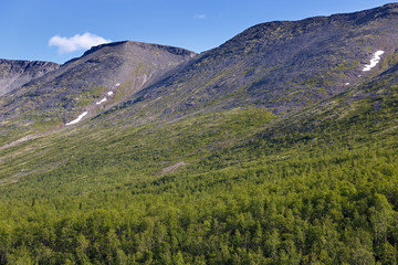 The tops of the Mountains, Khibiny  and cloudy sky. Kola Peninsula, Russia.