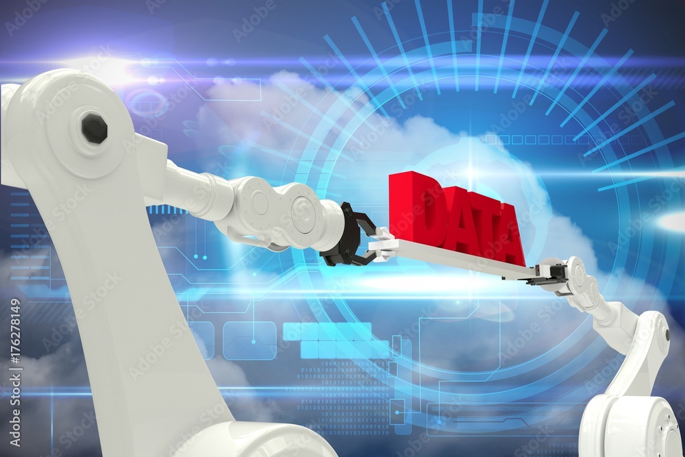 Poster composite image of robotic hands holding red data text