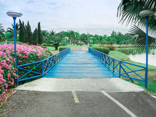 The bridge blue connect to The way empty in the park with tree for exercise and relax