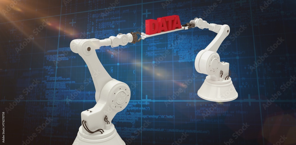 Sticker Composite image of white robotic hands holding red data message 