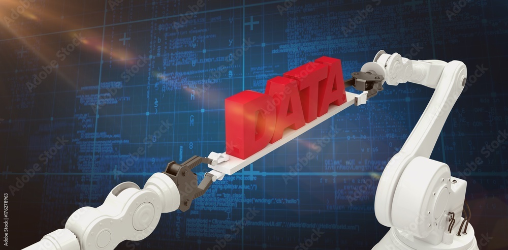 Poster composite image of robotic hands holding data text