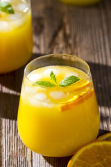 A glass of orange juice on a wooden table