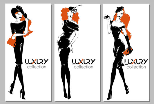 Fashion black and white women models with red hair set, luxury brand collection logo, vector illustration background
