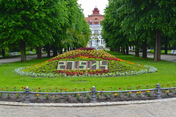 KARLOVY VARY, CZECH REPUBLIC. The flower calendar in the square 