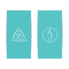 Yoga studio template. Set of vertical turquoise flyers with chakra and mandala symbols. Design for yoga studio, spa, center, classes, poster, magazine, invitation, gift certificate and presentation