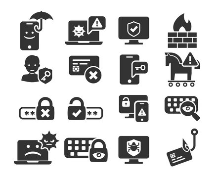 Cyber Security, Threat and Warnings icons set in BW