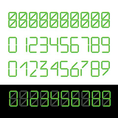 Digital numbers are green. Electronic clock figures, counter. Vector illustration.