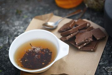 Tea party outdoors in a hike in the mountains.