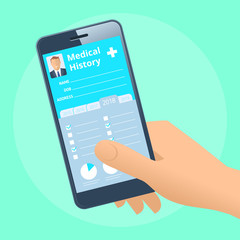 Human hand holds smart phone with patient health medical history. Modern medicine, medical exam and diagnosis flat concept illustration. Vector design element for web, internet, presentation