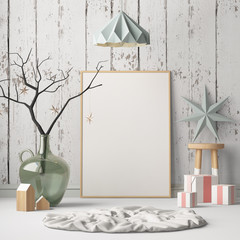 Mock up poster in the Christmas interior in Scandinavian style. 3D rendering