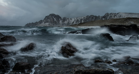 Wild sea and great storm at the coast of Andenes in Norway