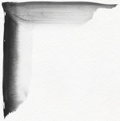 Black gouache grunge corner painted with brush on white textured paper. Upper left position.
