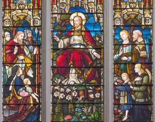 LONDON, GREAT BRITAIN - SEPTEMBER 14, 2017: The teaching of Jesus on the stained glass in the church St. Catharine Cree from 19. cent.