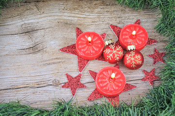 Christmas ornaments on wooden table with copy space