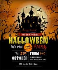 Halloween party invitation with scary Dracula castle