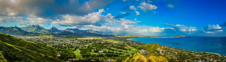 Fototapeten Panorama View of the Green Mountains and Hawaiian Coast From Lanikai Pillbox Trail © Gregory