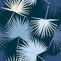 Fototapeta na wymiar Seamless floral pattern with stylized fan palm leaves. Jungle foliage, sky blue hues. Textile design.