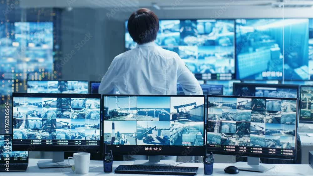 Poster in the security control room officer monitors multiple screens for suspicious activities. he guards 