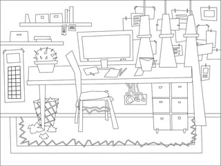 Cartoon Flat interior work room coloring vector illustration