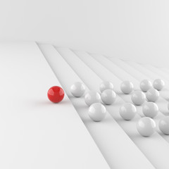 Leadership concept, red leader ball with whites go up the steps, on white background. 3D Rendering.