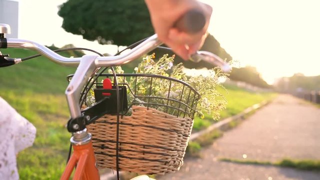 Young beautiful woman riding a bicycle at sunset. Slow motion