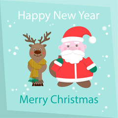 New Year and Happy Christmas Card. Santa Claus and reindeer congratulations.
