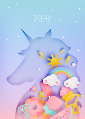 Unicorn in paper art style with various cute icons and pastle scheme