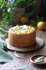 Angel Food Cake with Lemon Curd decorated with pistachios and white chocolate leaves, on wooden board, on wooden table.