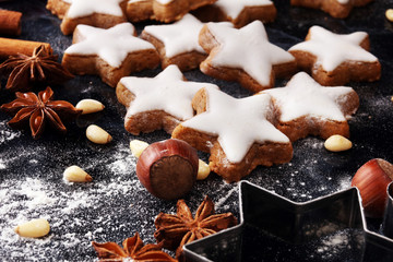 Baking christmas cookies. Typical cinnamon stars bakery