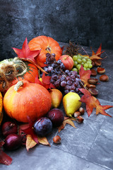Autumn harvest seasonal fruits and vegetables on grey background.
