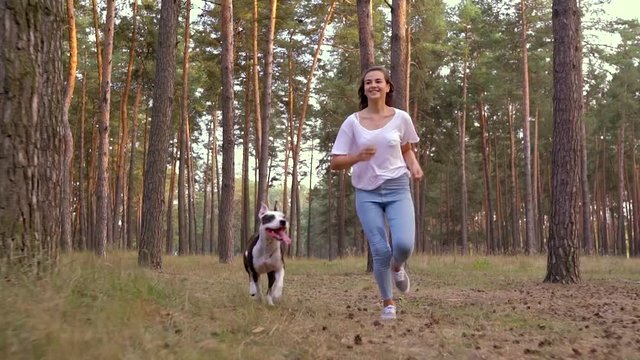 Girl playing with her dog in the forest at sunset. Slow motion