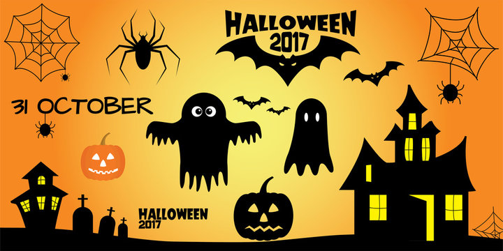 halloween illustrations set black on orange