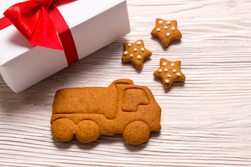 Christmas gift boxes and gingerbread truck