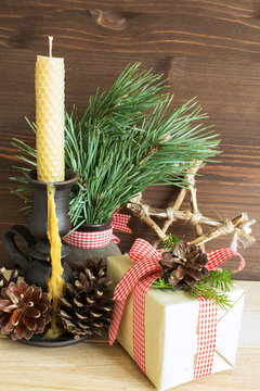 Christmas decor in eco-style. The concept of Christmas decor from natural materials. Selective focus. Vertical.