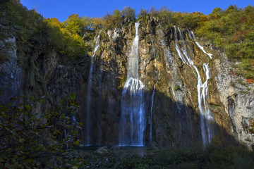 Autumn in Plitvice lakes national park in Croatia - big waterfall