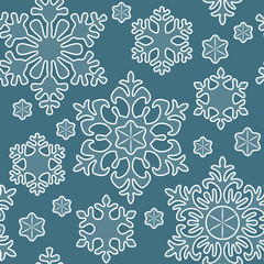 Seamless winter pattern, white lace snowflakes, Christmas and New Year background, holiday decor. Vector illustration