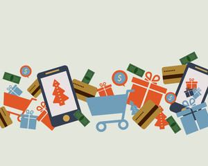Smartphone, cards, money, shopping, baskets, gifts: the concept of modern shopping.