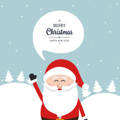 Santa claus wave merry christmas speech bubble snow landscape background