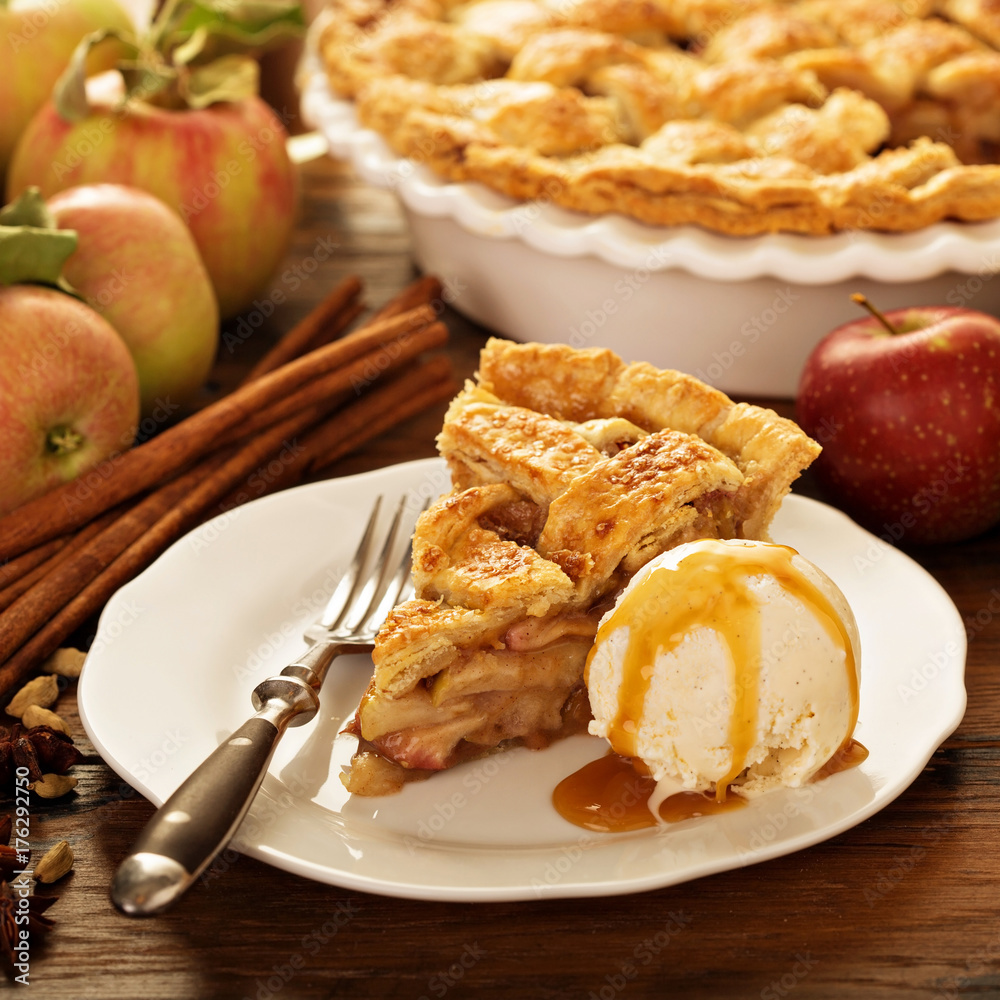 Canvas Prints piece of an apple pie with ice cream on a plate
