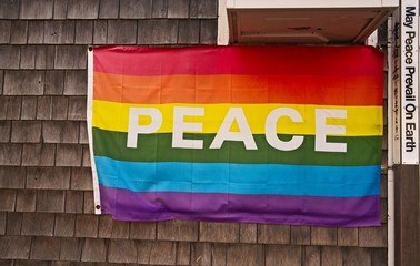 Rainbow "Peace" flag displayed on side of house