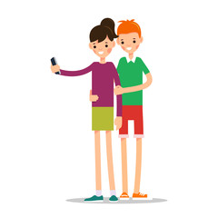 Boy and girl with mobile phone. Man and woman do selfie