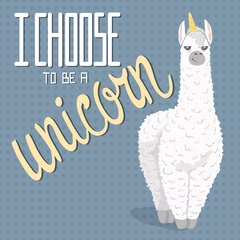 Foto auf Alu-Dibond cute cartoon lama alpaca with unicorn horn.polka dot seamless background.hand drawn lettering quote - I choose to be a unicorn.Vector Illustration.unique design for cards, posters,t-shirts,invitations © dromp